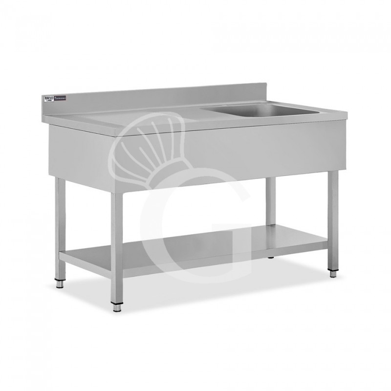 Fregadero inox con 1 cubeta y escurridor a la izquierda, estante, peto L1400mmxP700mmxA965mm- con agujero para el grifo Ø 32 mm