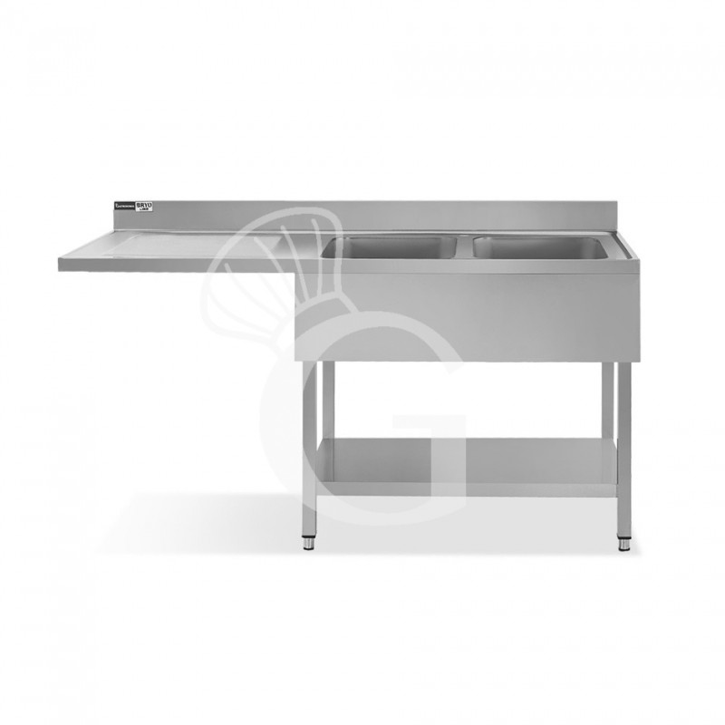 Fregadero con bastidor y hueco para lavavajillas con 2 cubetas y escurridor a la izquierda, peto trasero