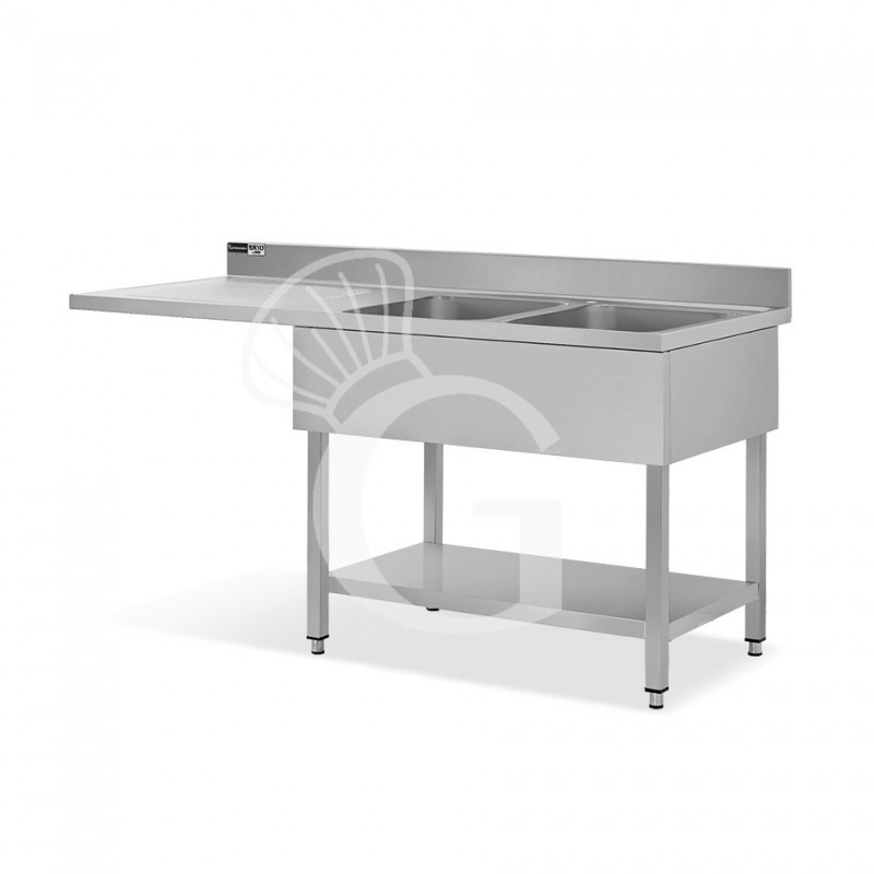 Fregadero con hueco para lavavajillas 2 cubas, peto, escurridor a la izquierda, 2000x600x965-agujero para grifo Ø 32mm