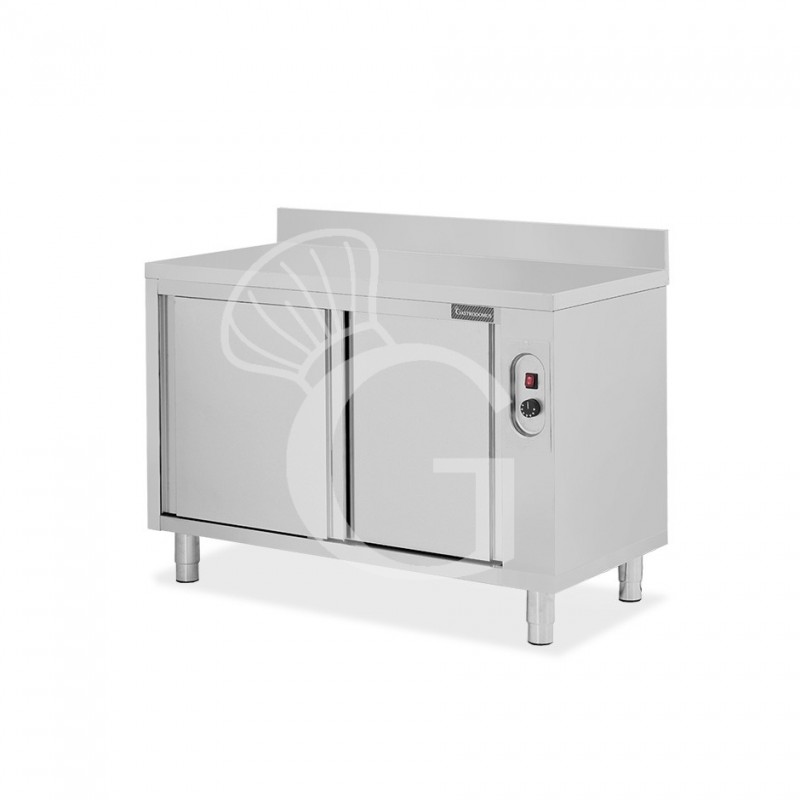 Mesa mural caliente con puertas correderas y peto de acero inoxidable L 1300 mm x P 600 mm x A 950 mm