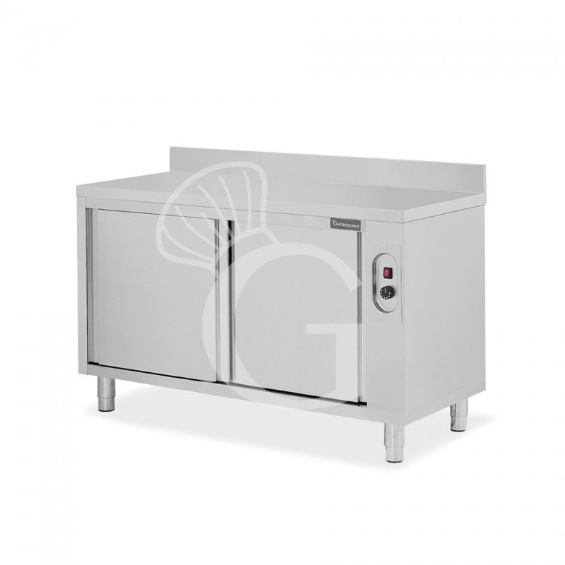 Mesa mural caliente con puertas correderas y peto de acero inoxidable L 1400 mm x P 600 mm x A 950 mm