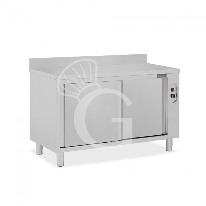 Mesa mural caliente con puertas correderas y peto de acero inoxidable L 1400 mm x P 600 mm x A 950 mm