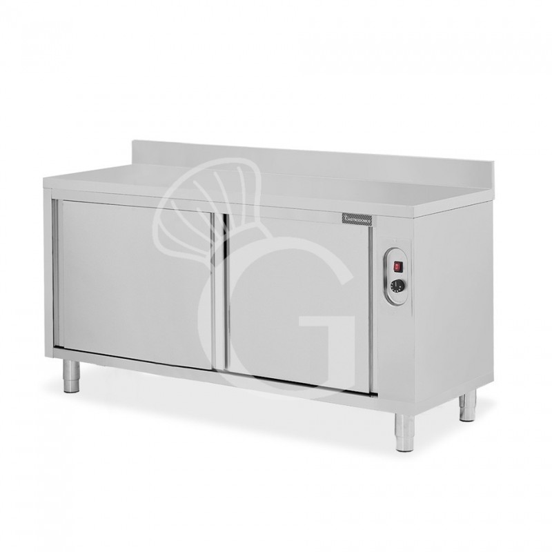 Mesa mural caliente con puertas correderas y peto de acero inoxidable L 1800 mm x P 600 mm x A 950 mm