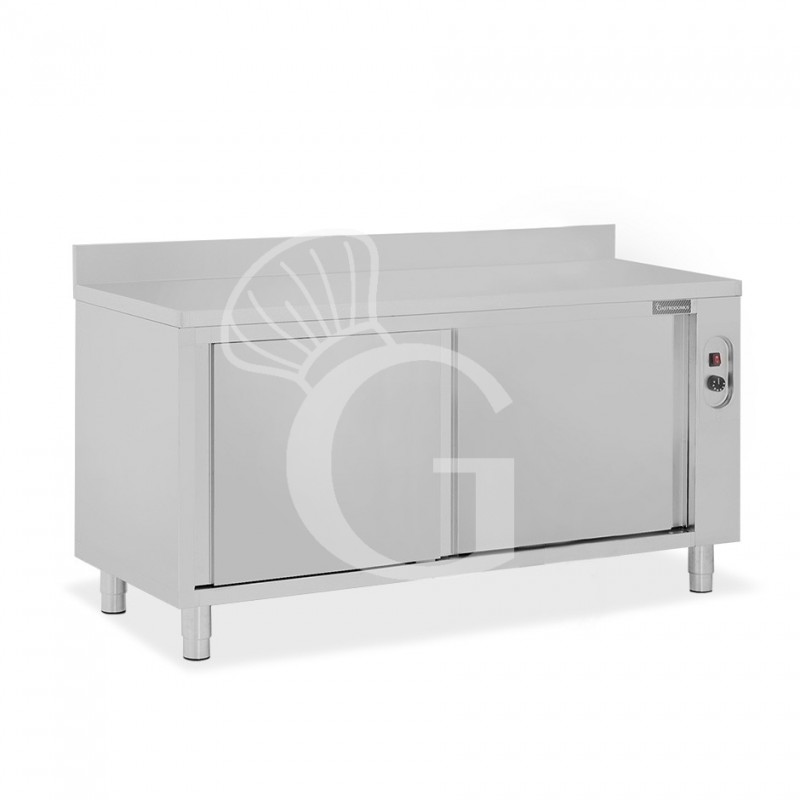 Mesa mural caliente con puertas correderas y peto de acero inoxidable L 2000 mm x P 600 mm x A 950 mm