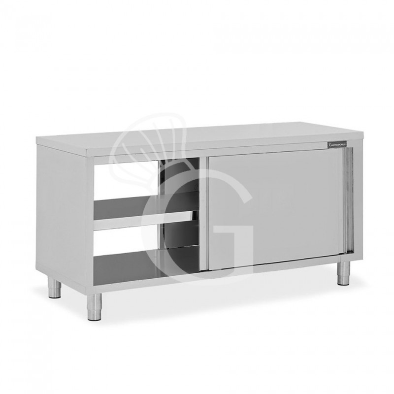 Mesa mural de acero inoxidable con puertas correderas dobles, L 2000 mm x P 800 mm x A 850 mm