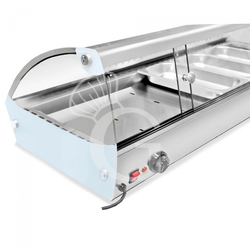 Vitrina caliente de acero inoxidable y vidrio 6 cubetas GN1/3 A 40 mm L 1127 mm x P 420 mm x A 336 mm