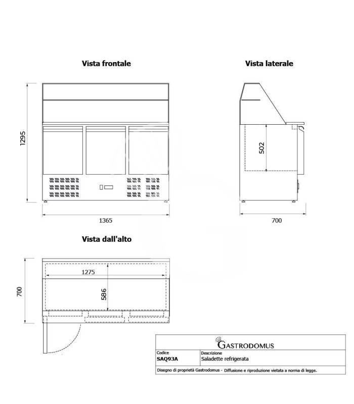 Mesa fría para ensaladas GN1/1, para 4 cubetas con 3 puertas y vitrina