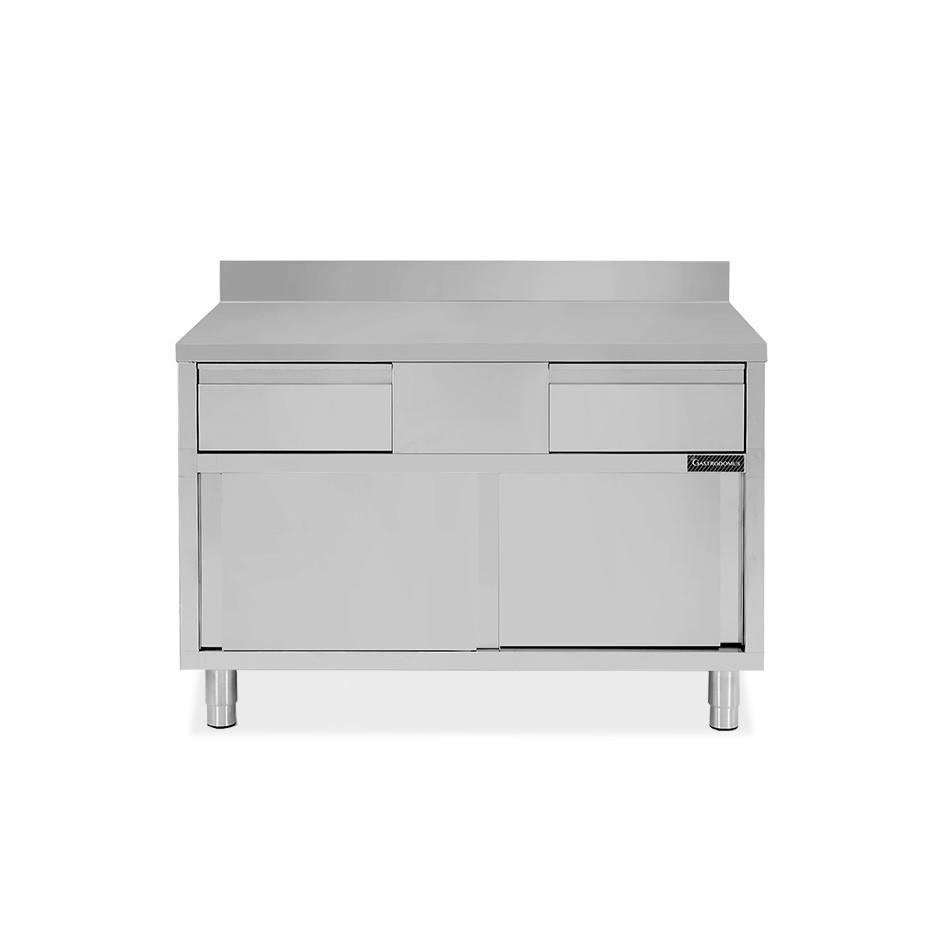 Mesa mural de acero inoxidable 2 puertas correderas, 2 cajones y peto L 1200 mm x P 700 mm x A 950 mm