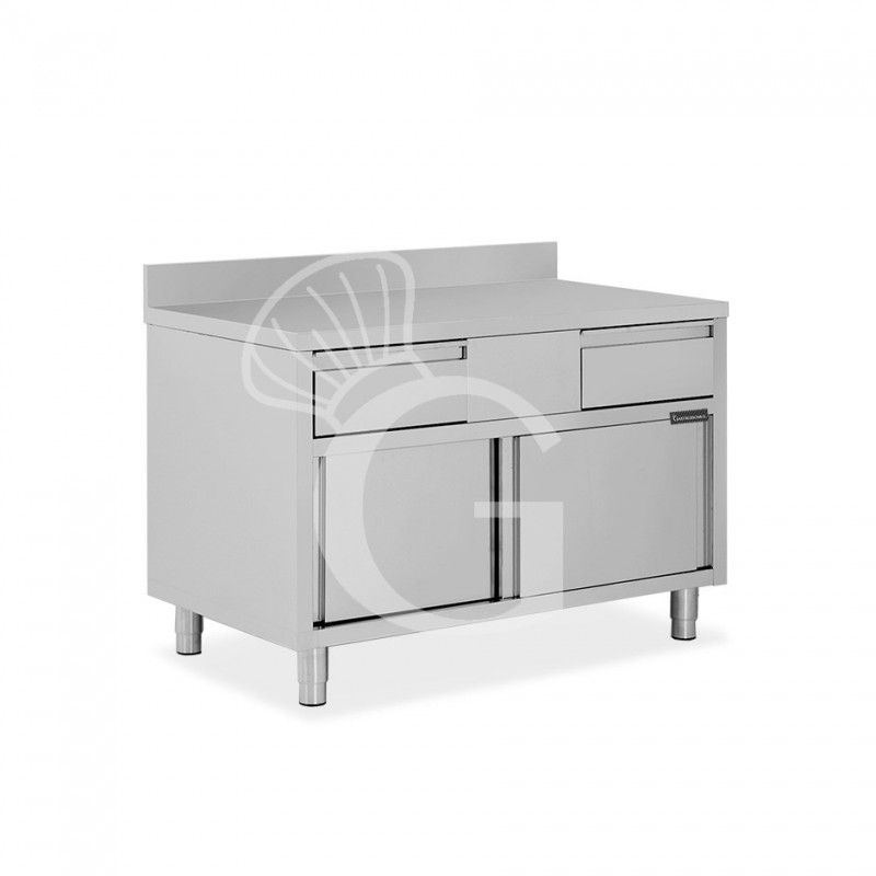 Mesa mural de acero inoxidable 2 puertas correderas, 2 cajones y peto L 1200 mm x P 700 mm x A 950 mm