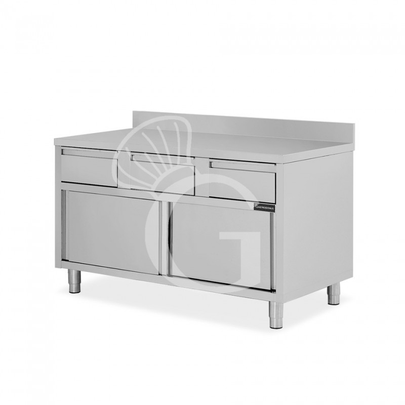 Mesa mural de acero inoxidable 2 puertas correderas, 3 cajones y peto L 1400 mm x P 600 mm x A 950 mm