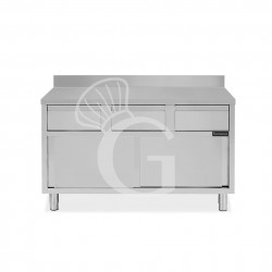 Mesa mural de acero inoxidable 2 puertas correderas, 3 cajones y peto L 1400 mm x P 600 mm x A 950 mm