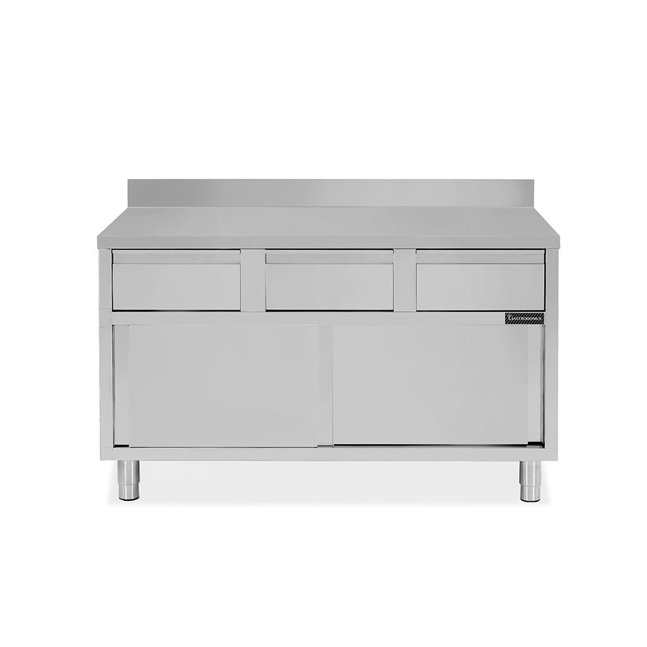 Mesa mural de acero inoxidable 2 puertas correderas, 3 cajones y peto L 1400 mm x P 600 mm x A 950 mm