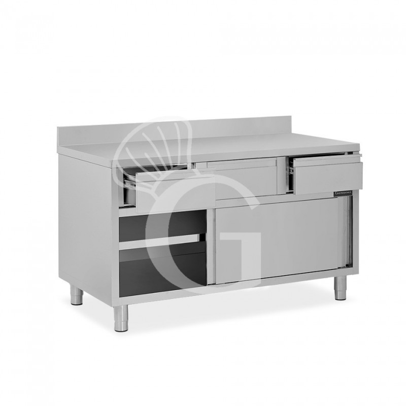 Mesa mural de acero inoxidable 2 puertas correderas, 3 cajones y peto L 1400 mm x P 600 mm x A 950 mm