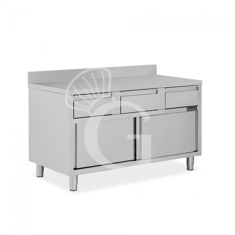 Mesa mural de acero inoxidable 2 puertas correderas, 3 cajones y peto L 1400 mm x P 700 mm x A 950 mm