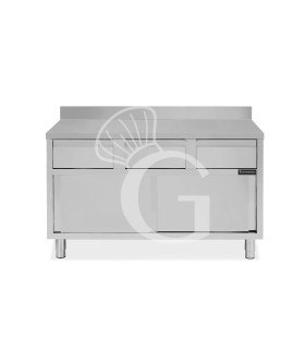 Mesa mural de acero inoxidable 2 puertas correderas, 3 cajones y peto L 1600 mm x P 600 mm x A 950 mm