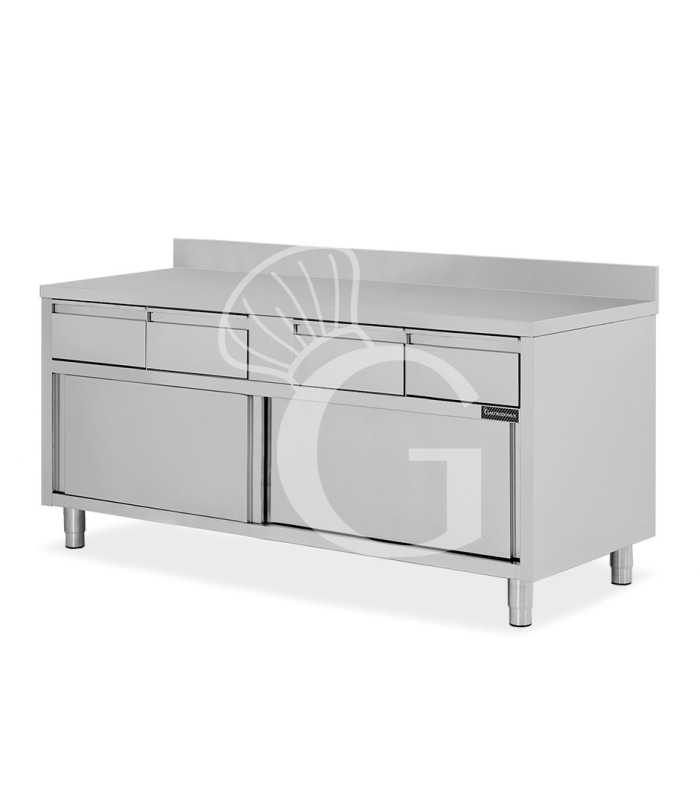 Mesa mural de acero inoxidable 2 puertas correderas, 4 cajones y peto L 1800 mm x P 600 mm x A 950 mm