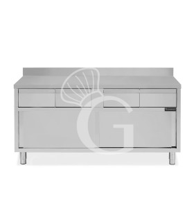 Mesa mural de acero inoxidable 2 puertas correderas, 4 cajones y peto L 2000 mm x P 600 mm x A 950 mm