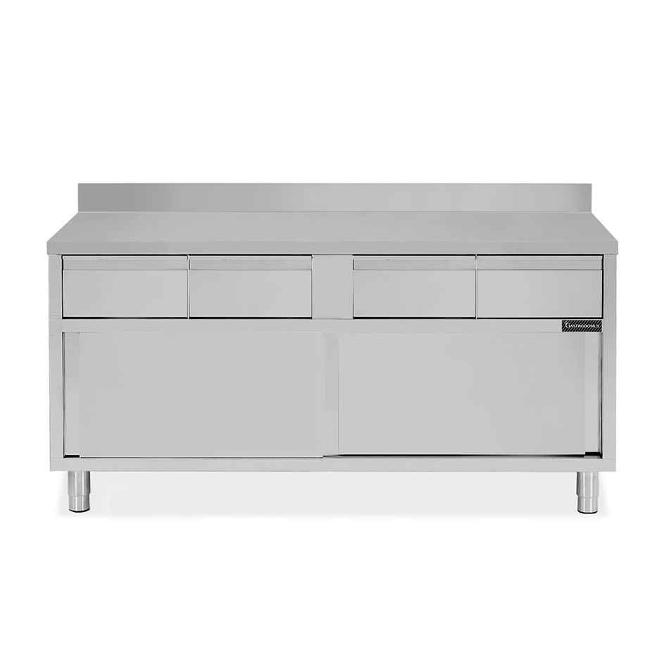 Mesa mural de acero inoxidable 2 puertas correderas, 4 cajones y peto L 2000 mm x P 600 mm x A 950 mm