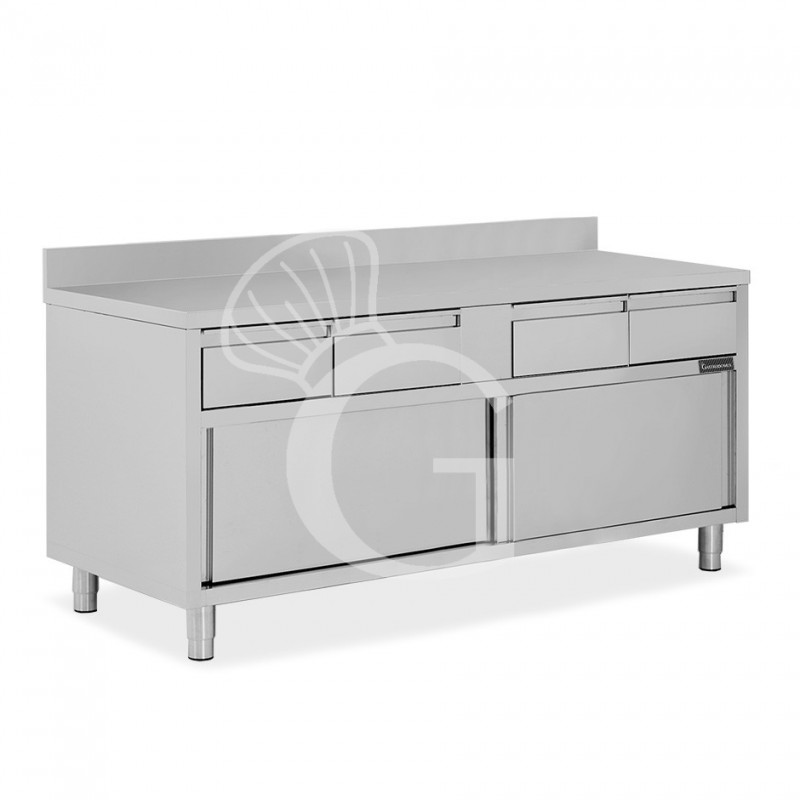 Mesa mural de acero inoxidable 2 puertas correderas, 4 cajones y peto L 2000 mm x P 600 mm x A 950 mm