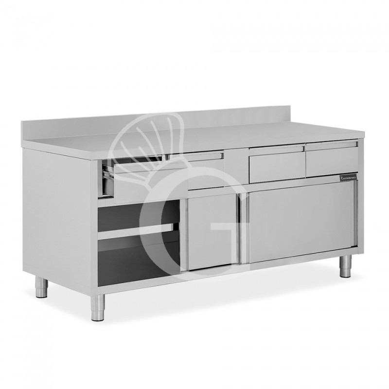 Mesa mural de acero inoxidable 2 puertas correderas, 4 cajones y peto L 2000 mm x P 600 mm x A 950 mm