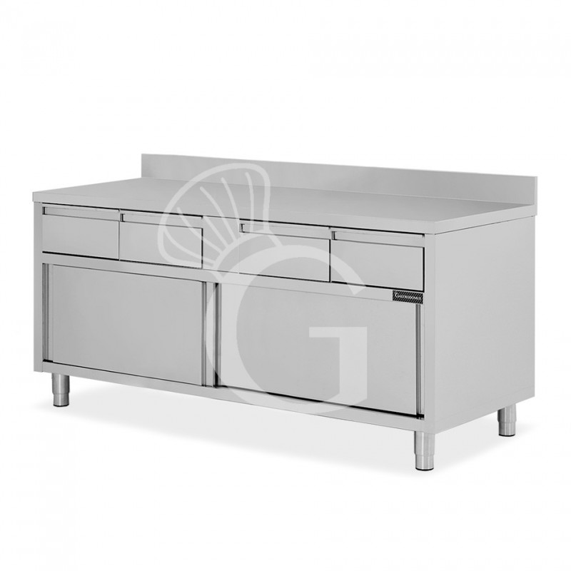 Mesa mural de acero inoxidable 2 puertas correderas, 4 cajones y peto L 2000 mm x P 700 mm x A 950 mm