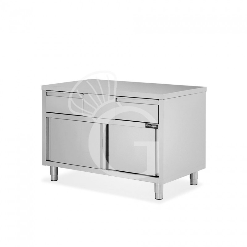 Mesa mural de acero inoxidable 2 puertas correderas, 2 cajones L 1000 mm x P 600 mm x A 850 mm