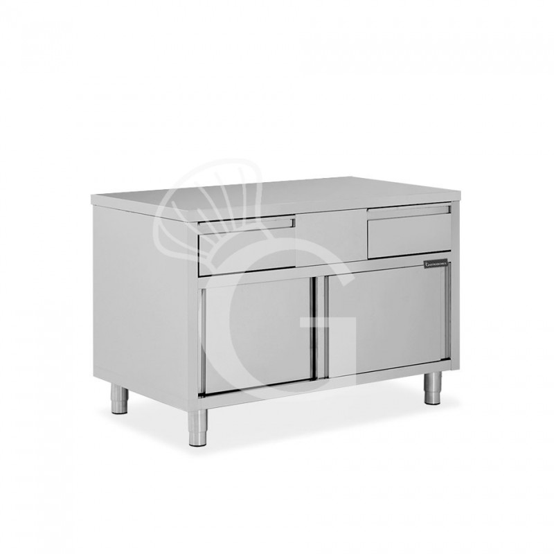 Mesa mural de acero inoxidable 2 puertas correderas, 2 cajones L 1000 mm x P 600 mm x A 850 mm