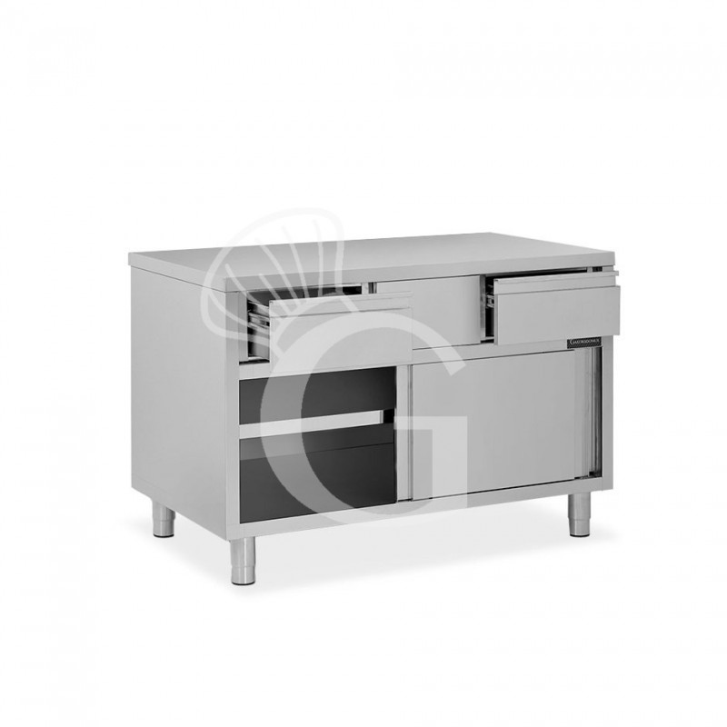 Mesa mural de acero inoxidable 2 puertas correderas, 2 cajones L 1000 mm x P 600 mm x A 850 mm