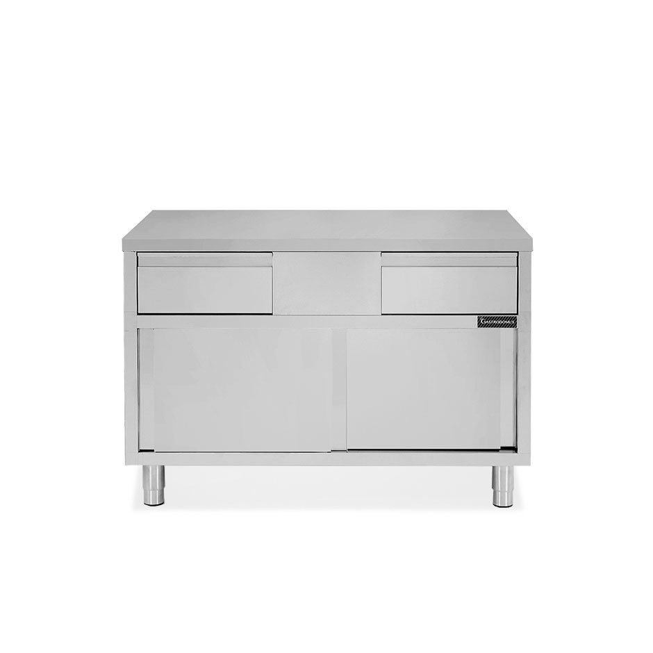 Mesa mural de acero inoxidable 2 puertas correderas, 2 cajones L 1200 mm x P 600 mm x A 850 mm