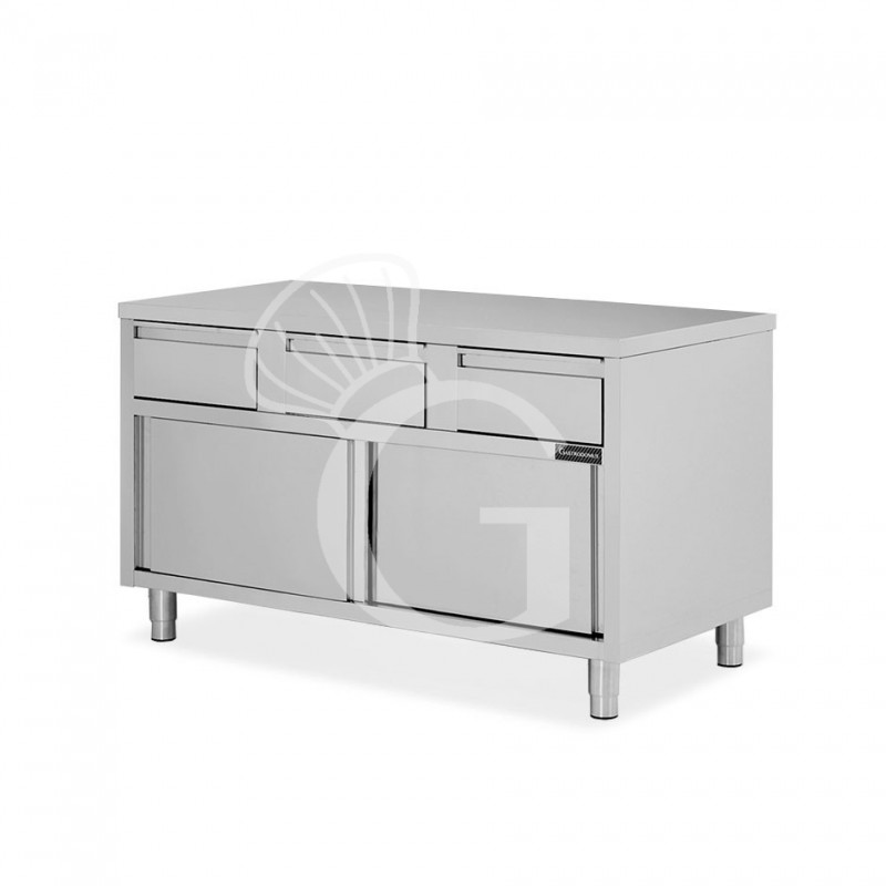 Mesa mural de acero inoxidable 2 puertas correderas, 3 cajones L1400 mm x P 600 mm x A 850 mm