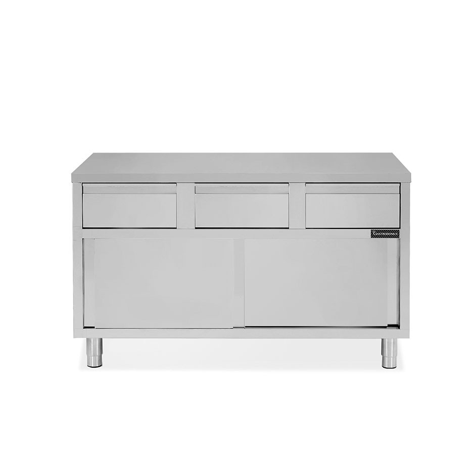 Mesa mural de acero inoxidable 2 puertas correderas, 3 cajones L1400 mm x P 600 mm x A 850 mm