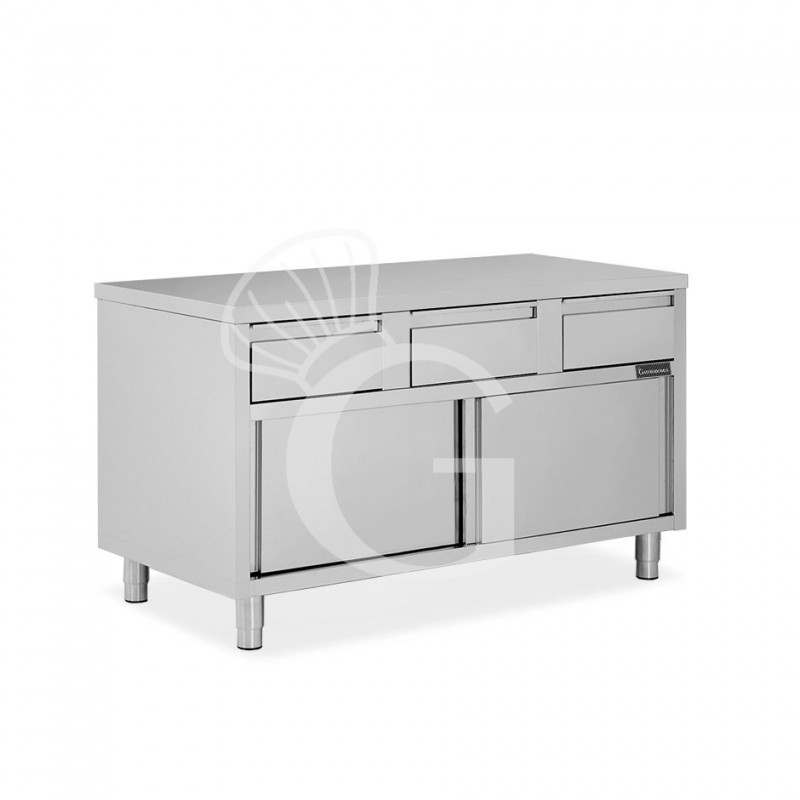 Mesa mural de acero inoxidable 2 puertas correderas, 3 cajones L1400 mm x P 600 mm x A 850 mm