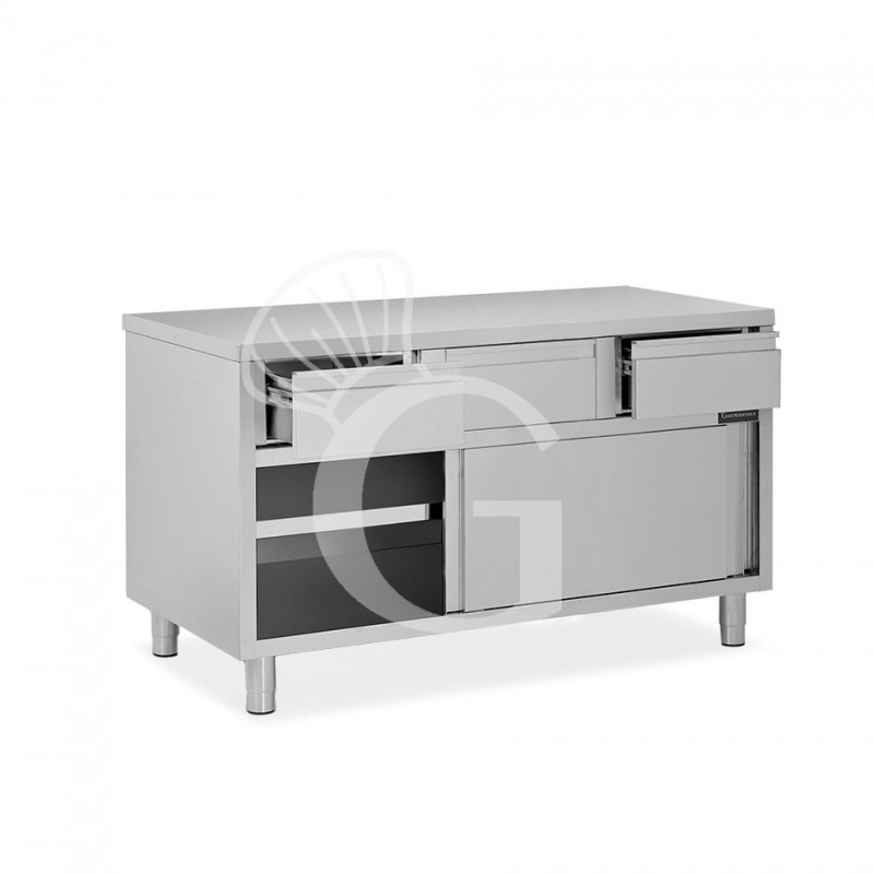 Mesa mural de acero inoxidable 2 puertas correderas, 3 cajones L1400 mm x P 600 mm x A 850 mm