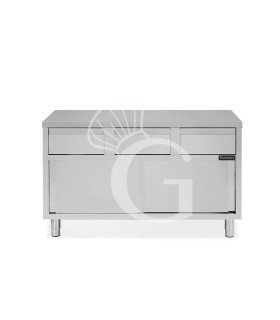 Mesa mural de acero inoxidable 2 puertas correderas, 3 cajones L 1400 mm x P 700 mm x A 850 mm