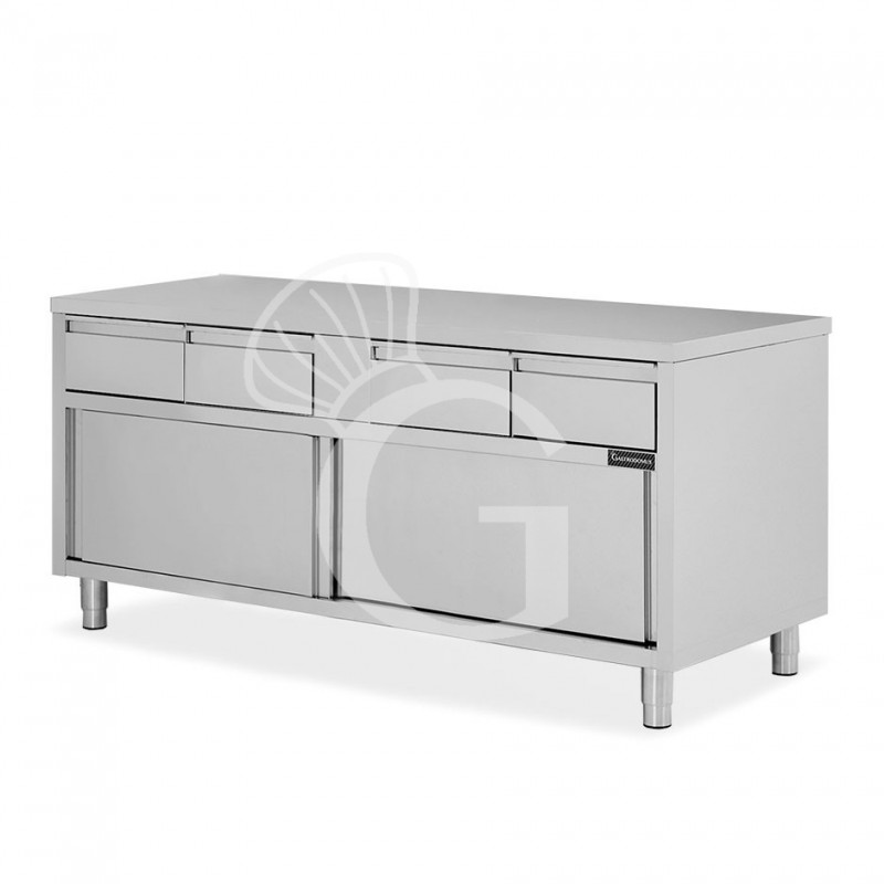 Mesa mural de acero inoxidable 2 puertas correderas, 3 cajones L 1600 mm x P 700 mm x A 850 mm