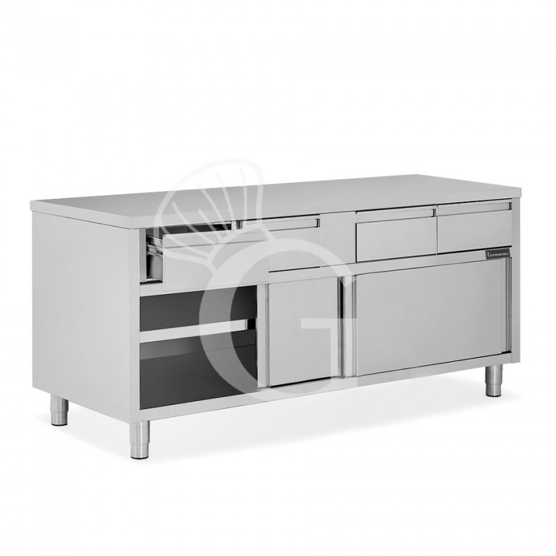 Mesa mural de acero inoxidable 2 puertas correderas, 3 cajones L 1600 mm x P 700 mm x A 850 mm