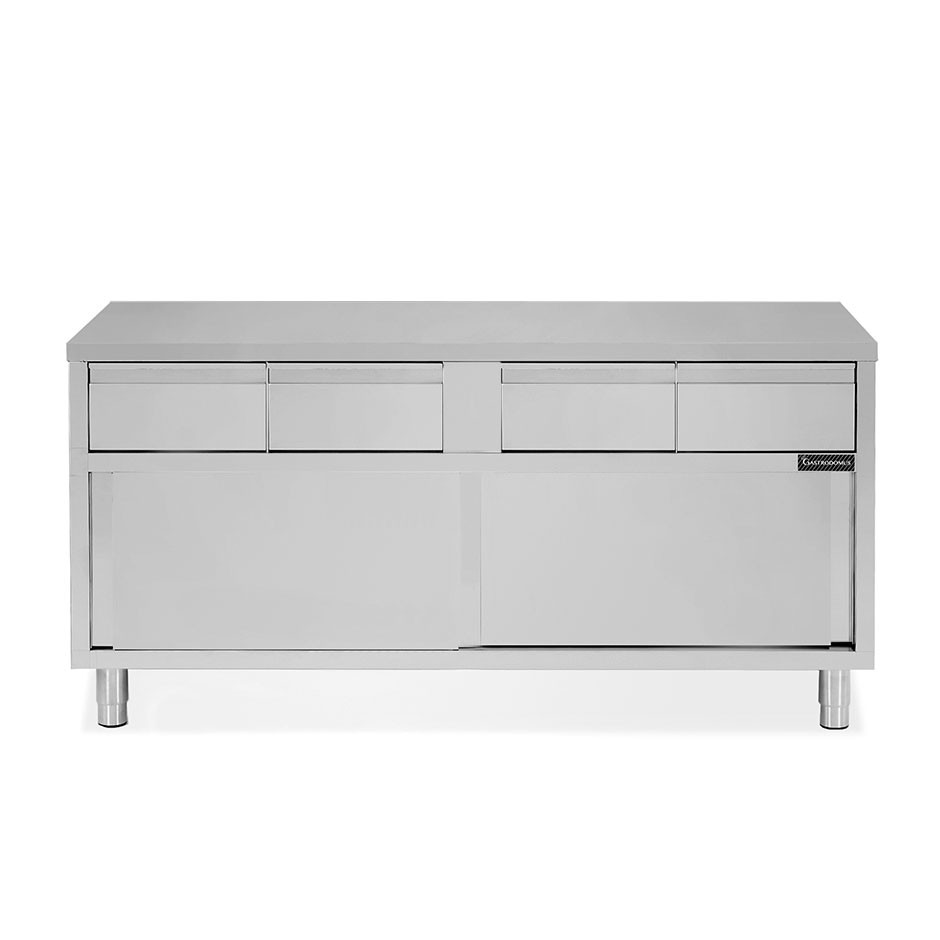 Mesa mural de acero inoxidable 2 puertas correderas, 4 cajones L 2000 mm x P 700 mm x A 850 mm