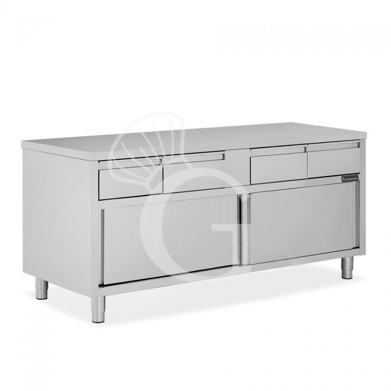 Mesa mural de acero inoxidable 2 puertas correderas, 4 cajones L 2000 mm x P 700 mm x A 850 mm