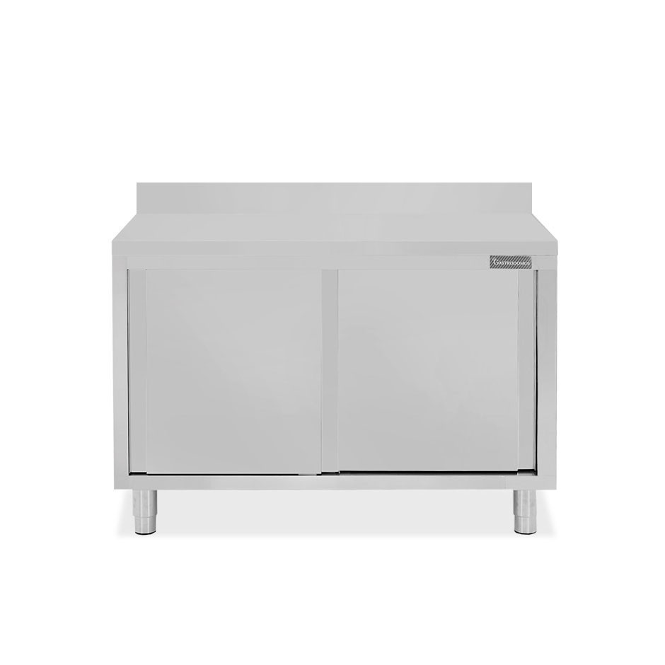 Mesa mural de acero inoxidable 2 puertas correderas y peto L 1200 mm x P 800 mm x A 950 mm