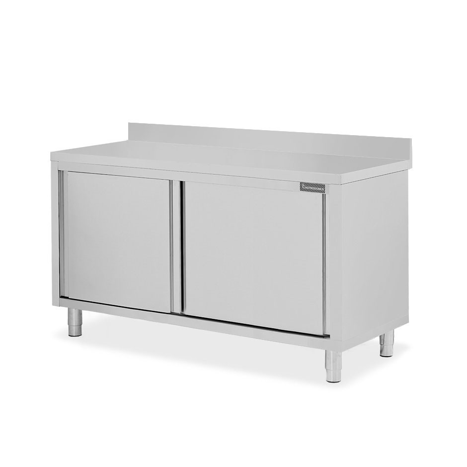 Mesa mural de acero inoxidable 2 puertas correderas y peto L 1600 mm x P 700 mm x A 950 mm