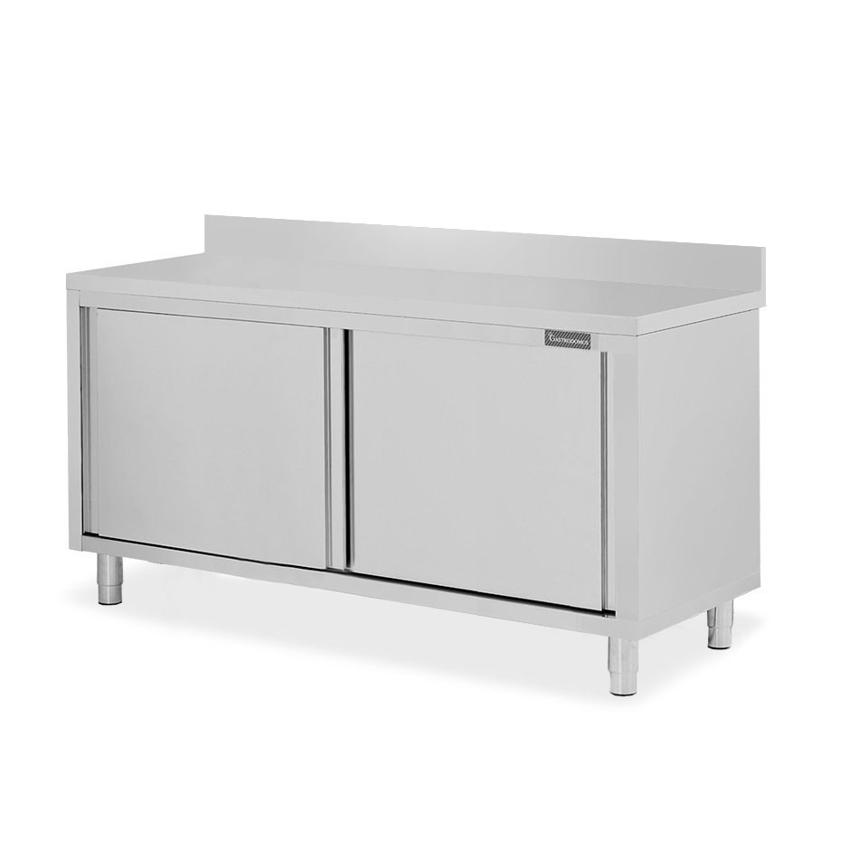 Mesa mural de acero inoxidable 2 puertas correderas y peto L 1800 mm x P 700 mm x A 950 mm
