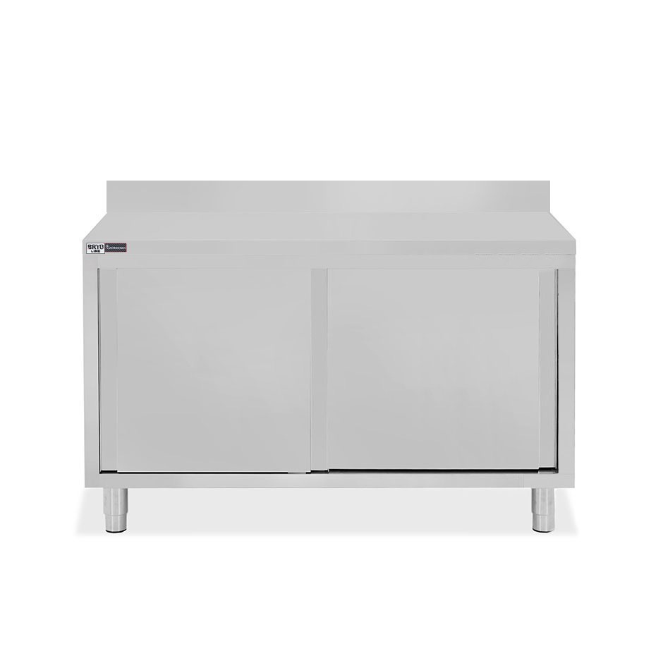 Mesa mural de acero inoxidable 2 puertas correderas y peto L 1400 mm x P 800 mm x A 950 mm
