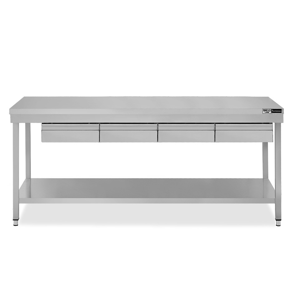 Mesa de acero inoxidable con estante y 4 cajones L 1800 mm x P 600 mm x A 865 mm
