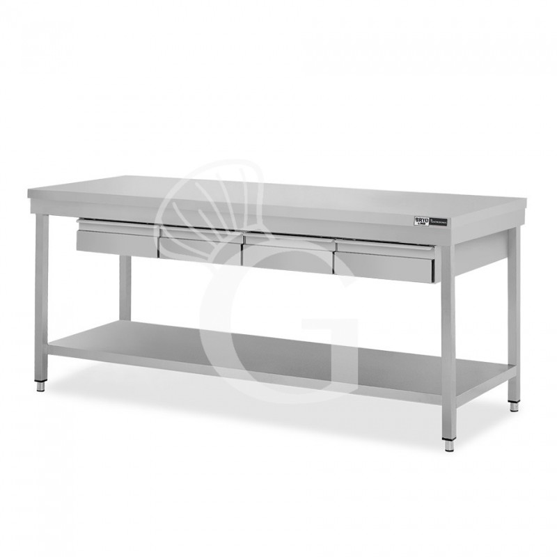 Mesa de acero inoxidable con estante y 4 cajones, L 1900 × P 700 × H 850 mm