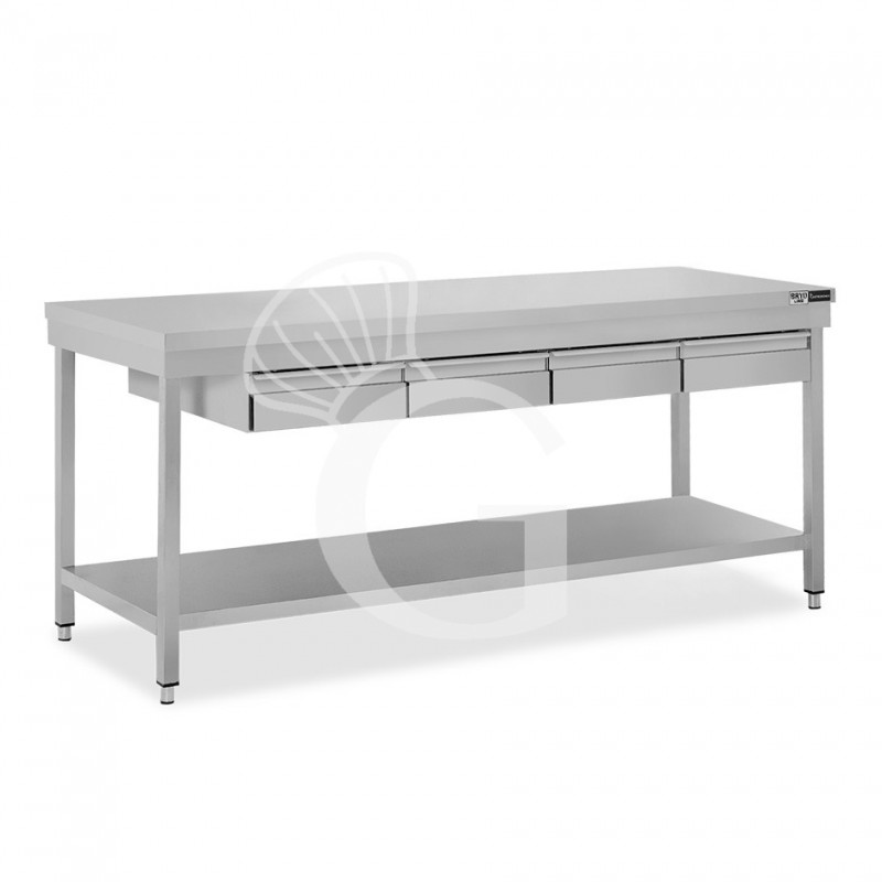 Mesa de acero inoxidable con estante y 4 cajones, L 1900 × P 700 × H 850 mm