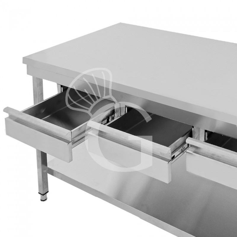 Mesa de acero inoxidable con estante y 4 cajones, L 1900 × P 700 × H 850 mm