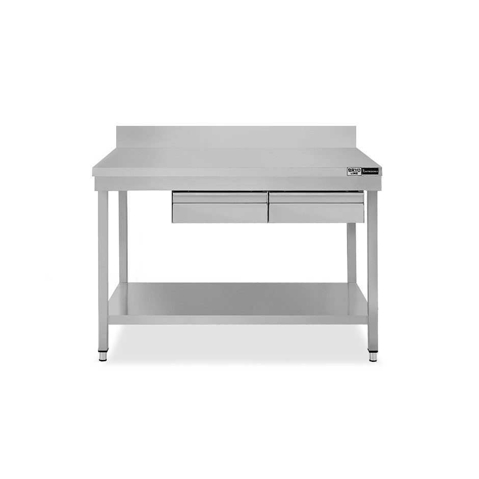 Mesa de acero inoxidable con estante peto 2 cajones L 1200 mm x P 700 mm x A 965 mm