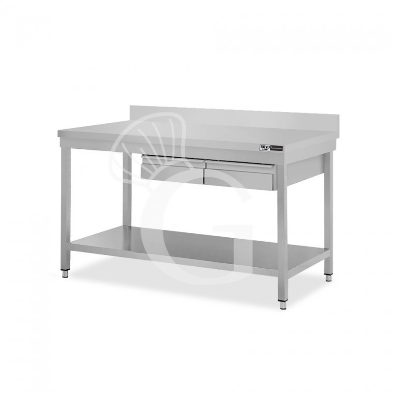 Mesa de acero inoxidable con estante peto 2 cajones L 1300 mm x P 700 mm x A 965 mm