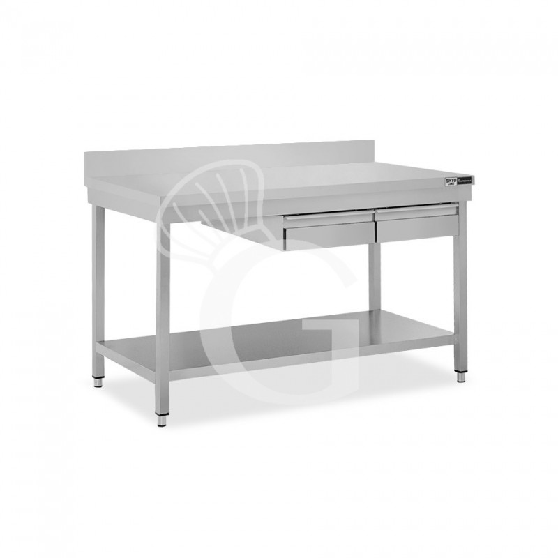 Mesa de acero inoxidable con estante peto 2 cajones L 1300 mm x P 700 mm x A 965 mm