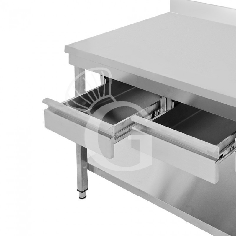 Mesa de acero inoxidable con estante peto 2 cajones L 1300 mm x P 700 mm x A 965 mm